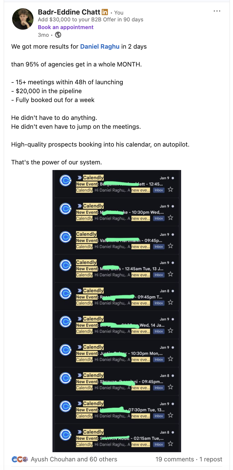 11 meetings booked on day one for Daniel Raghu LinkedIn post showing 11 Calendly meeting notifications booked for Daniel Raghu within 48 hours of launching BEC Growth's cold email system