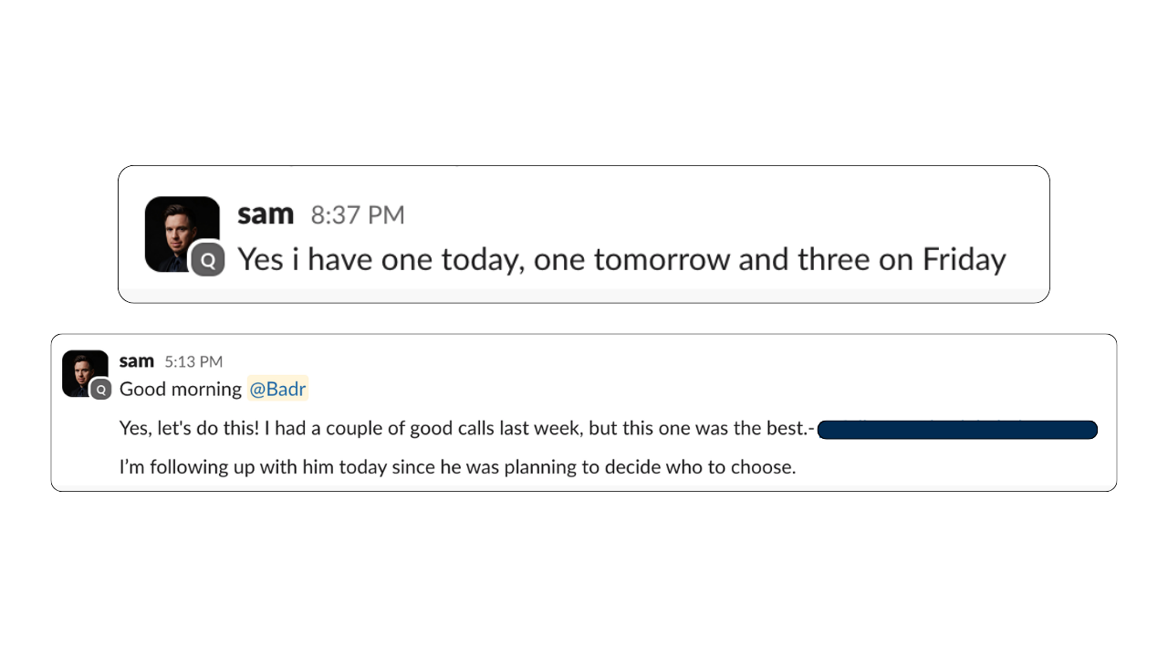 Multiple booked calls for Sam Bylett Slack messages from Sam Bylett confirming multiple booked calls - one today, one tomorrow and three on Friday - plus follow-up on a high-quality prospect