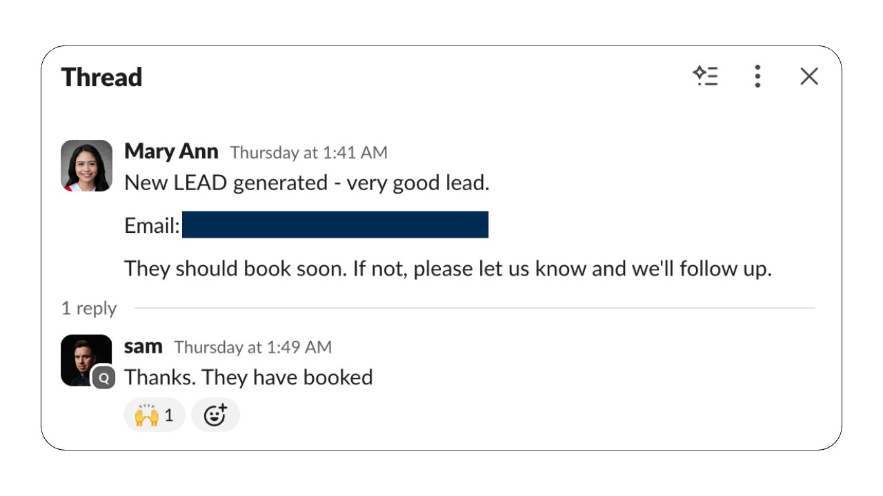 Qualified lead booked for Sam Bylett Slack thread showing a new qualified lead generated for Sam Bylett with confirmation that the lead booked a meeting