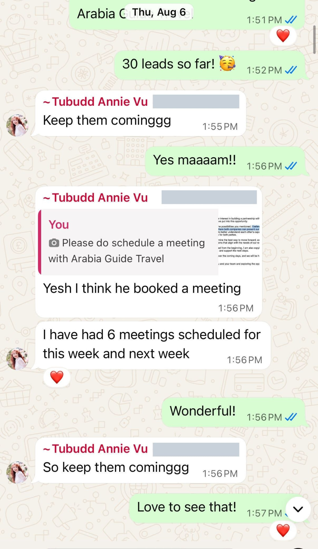 WhatsApp conversation with Annie Vu, CEO of Tubudd, confirming 30 leads so far and 6 meetings scheduled in one week from BEC Growth's cold email campaign