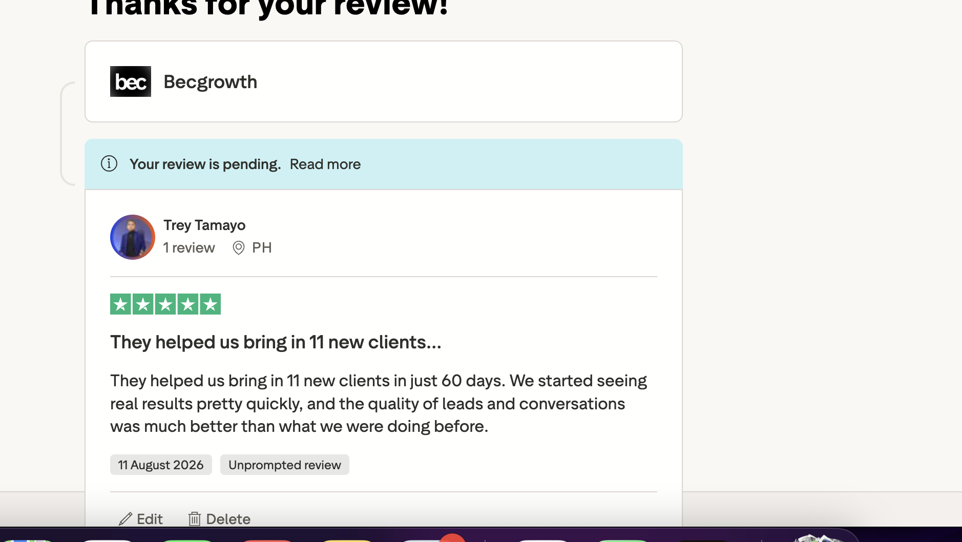Verified 5-star Trustpilot review from Trey Tamayo for BEC Growth: they helped bring in 11 new clients in just 60 days, with better lead and conversation quality